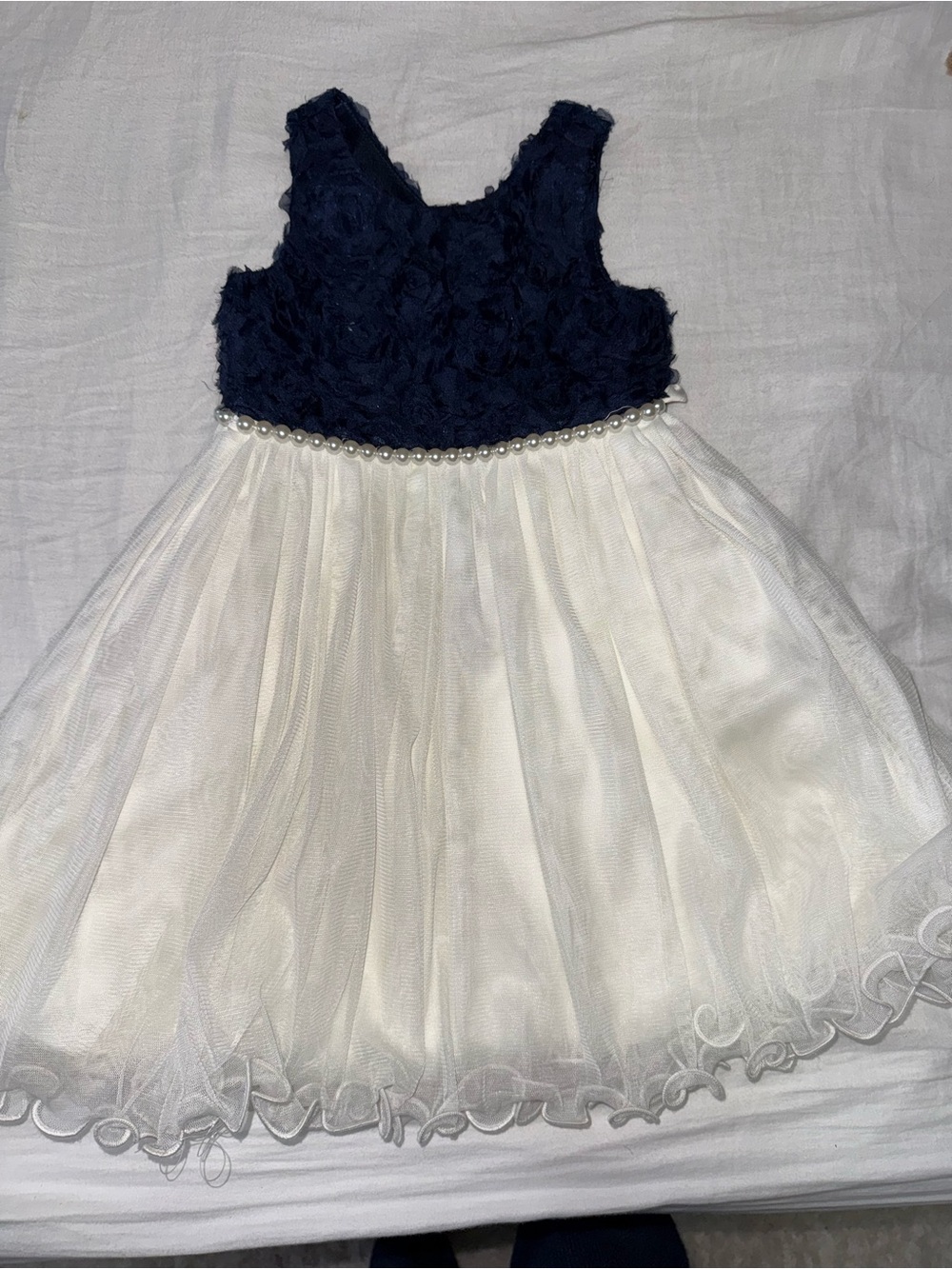 American Princess Navy and White Pearl-Trim Flower Applique Dress